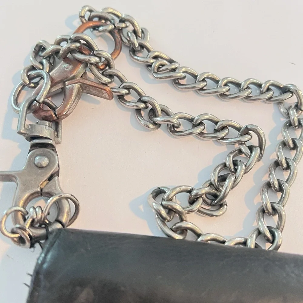 Harley-Davidson Mens Black Leather Trifold Trucker Biker Chain Wallet Logo Snap‎